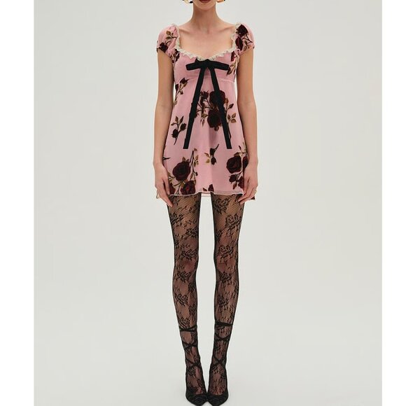 NWT FOR LOVE AND LEMONS VELVET ROSE BURNOUT PINK MINI DRESS SIZE S - Picture 1 of 7